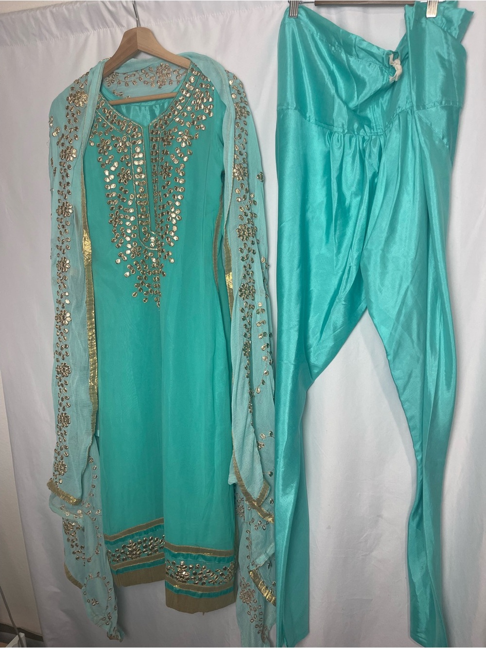 Salwar Kameez Suit Gold Embroidery Dupatta Ethnic 3 Piece Turquoise Blue